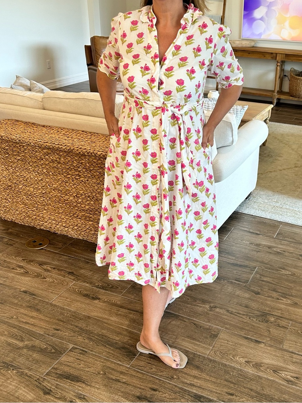 White Floral Tie-Waist Midi Dress with Pink flowers